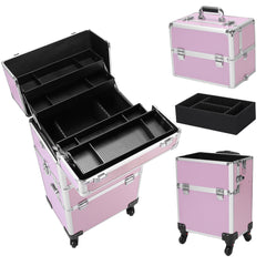 3 In 1 Aluminum Cosmetic Makeup Case Makeup Travel Organizer Cosmetology Case, Aluminum Cosmetic Display Suitcase On Wheels, Beauty Storage Luggage Lockable W-4 Removable Wheels