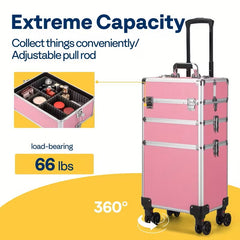 3 In 1 Aluminum Cosmetic Makeup Case Makeup Travel Organizer Cosmetology Case, Aluminum Cosmetic Display Suitcase On Wheels, Beauty Storage Luggage Lockable W-4 Removable Wheels