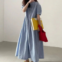 Summer Check Puff Sleeve Loose Half-sleeve Long Travel Dress Women