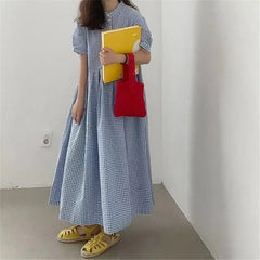 Summer Check Puff Sleeve Loose Half-sleeve Long Travel Dress Women