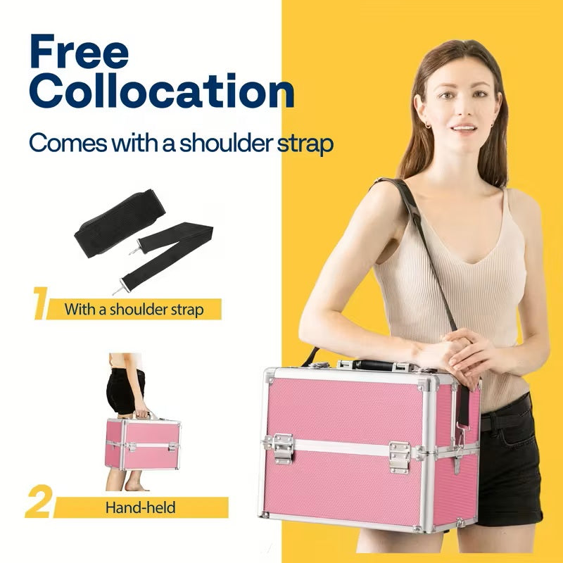 3 In 1 Aluminum Cosmetic Makeup Case Makeup Travel Organizer Cosmetology Case, Aluminum Cosmetic Display Suitcase On Wheels, Beauty Storage Luggage Lockable W-4 Removable Wheels