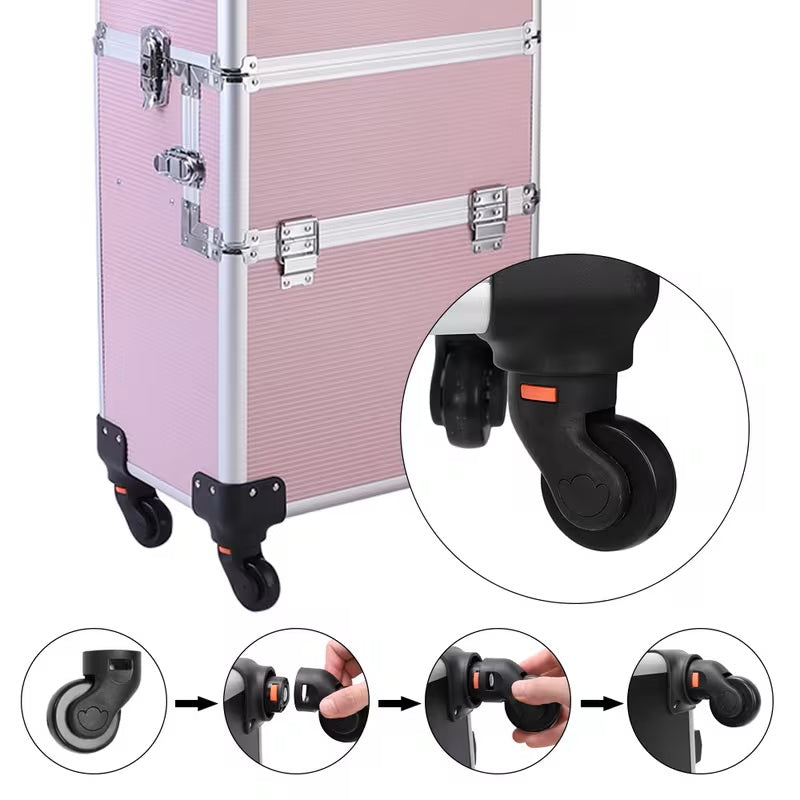 3 In 1 Aluminum Cosmetic Makeup Case Makeup Travel Organizer Cosmetology Case, Aluminum Cosmetic Display Suitcase On Wheels, Beauty Storage Luggage Lockable W-4 Removable Wheels