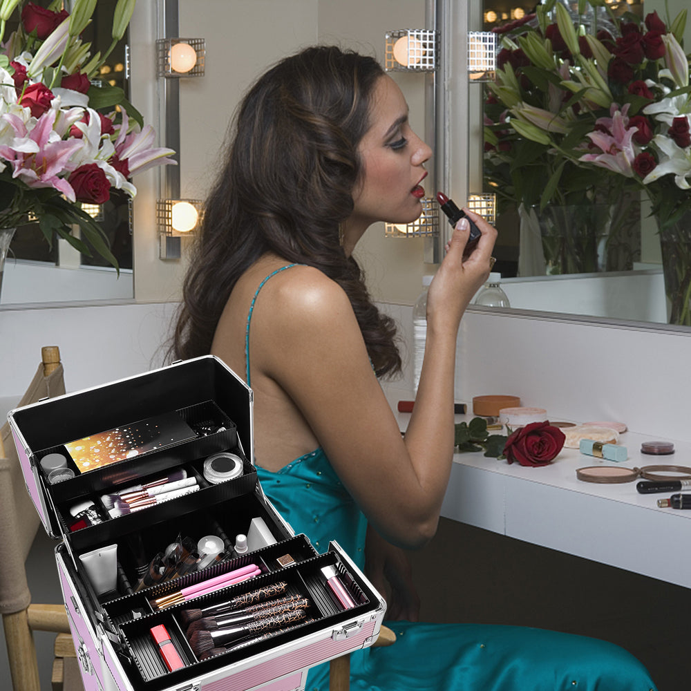 3 In 1 Aluminum Cosmetic Makeup Case Makeup Travel Organizer Cosmetology Case, Aluminum Cosmetic Display Suitcase On Wheels, Beauty Storage Luggage Lockable W-4 Removable Wheels