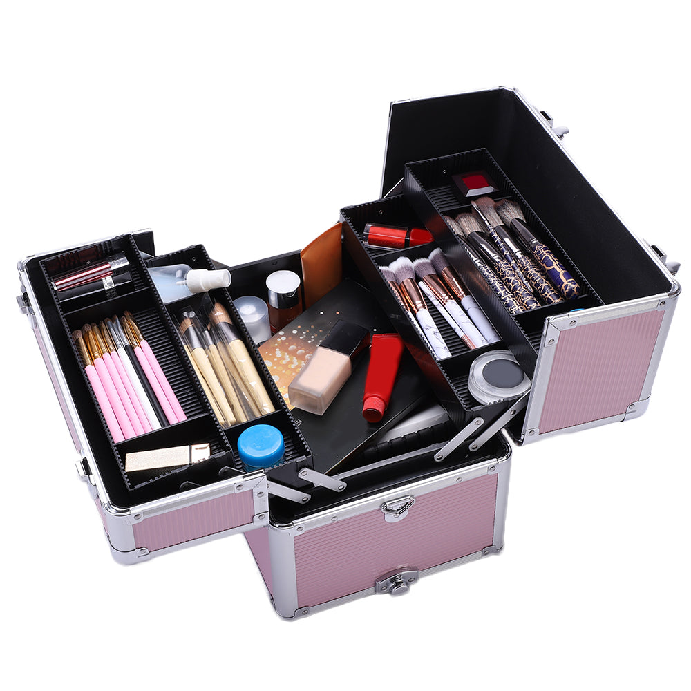 3 In 1 Aluminum Cosmetic Makeup Case Makeup Travel Organizer Cosmetology Case, Aluminum Cosmetic Display Suitcase On Wheels, Beauty Storage Luggage Lockable W-4 Removable Wheels
