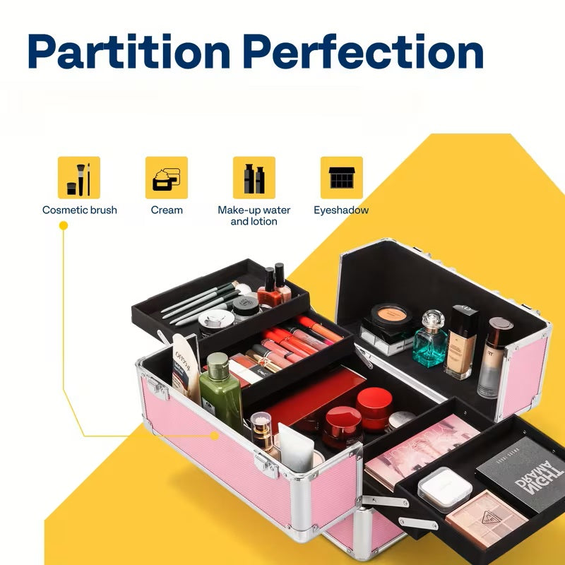 3 In 1 Aluminum Cosmetic Makeup Case Makeup Travel Organizer Cosmetology Case, Aluminum Cosmetic Display Suitcase On Wheels, Beauty Storage Luggage Lockable W-4 Removable Wheels