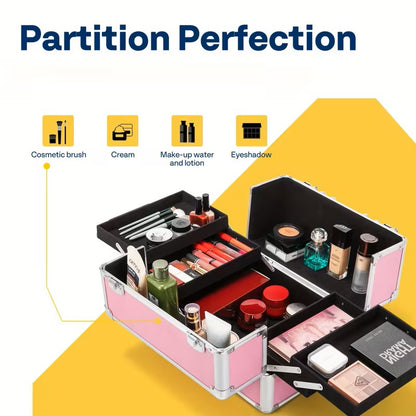 3 In 1 Aluminum Cosmetic Makeup Case Makeup Travel Organizer Cosmetology Case, Aluminum Cosmetic Display Suitcase On Wheels, Beauty Storage Luggage Lockable W-4 Removable Wheels