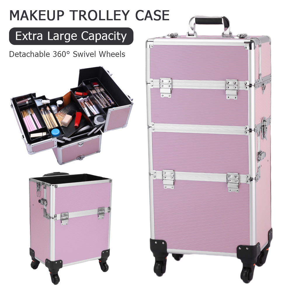 3 In 1 Aluminum Cosmetic Makeup Case Makeup Travel Organizer Cosmetology Case, Aluminum Cosmetic Display Suitcase On Wheels, Beauty Storage Luggage Lockable W-4 Removable Wheels
