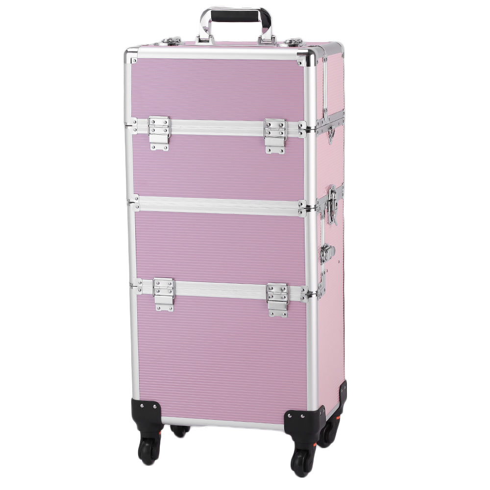 3 In 1 Aluminum Cosmetic Makeup Case Makeup Travel Organizer Cosmetology Case, Aluminum Cosmetic Display Suitcase On Wheels, Beauty Storage Luggage Lockable W-4 Removable Wheels